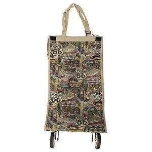 Vintage Jade Route 66 Americana Collapsible Rolling Tapestry Tote Bag w/Zipper